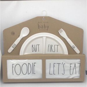 Rae Dunn 5 Pc Baby Plate, Spoon, Fork Bib And One Piece Gift Set